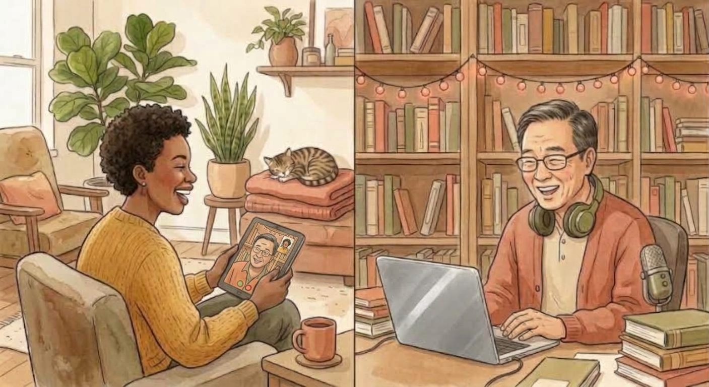 Two people meeting warmly over video, each in their own cozy room